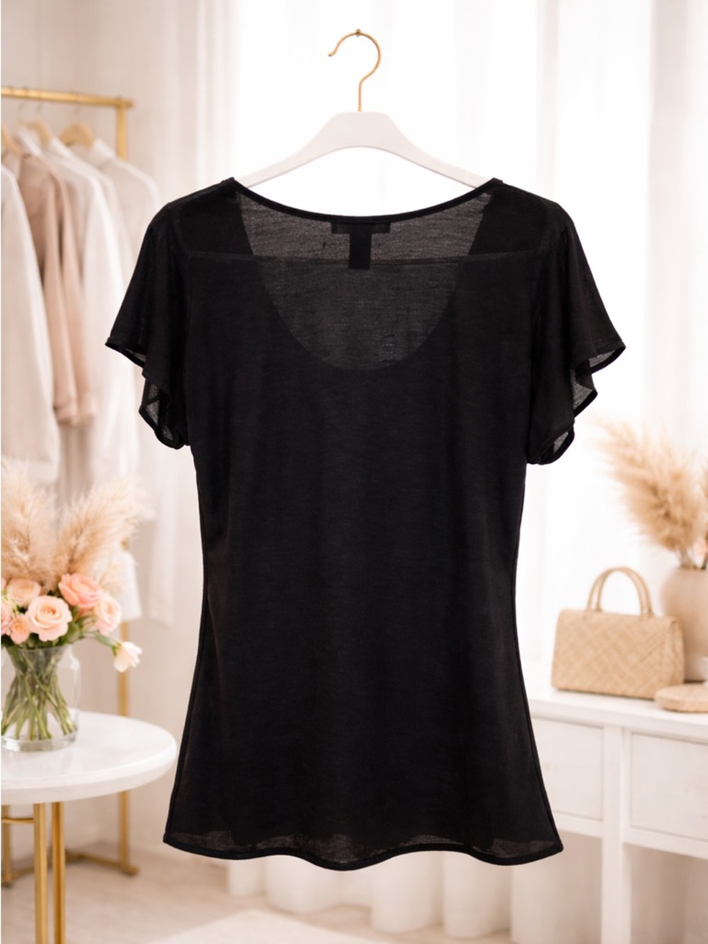White House Black Market Black Sheer Ruffle Blouse Medium Elegant Feminine Top - Picture 5 of 6
